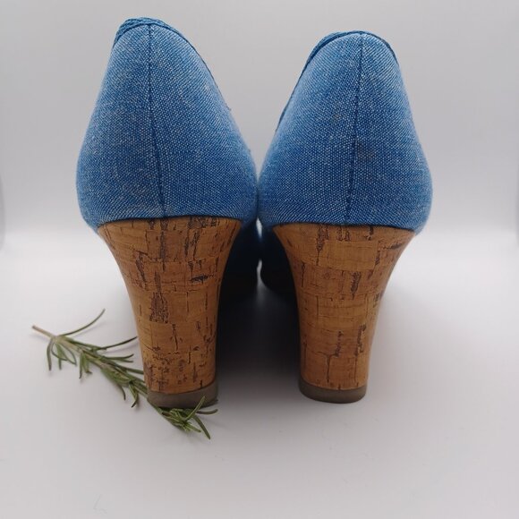 Dexflex Comfort Denim and Cork Wedge Heel Peep Toe Shoes - Picture 5 of 10